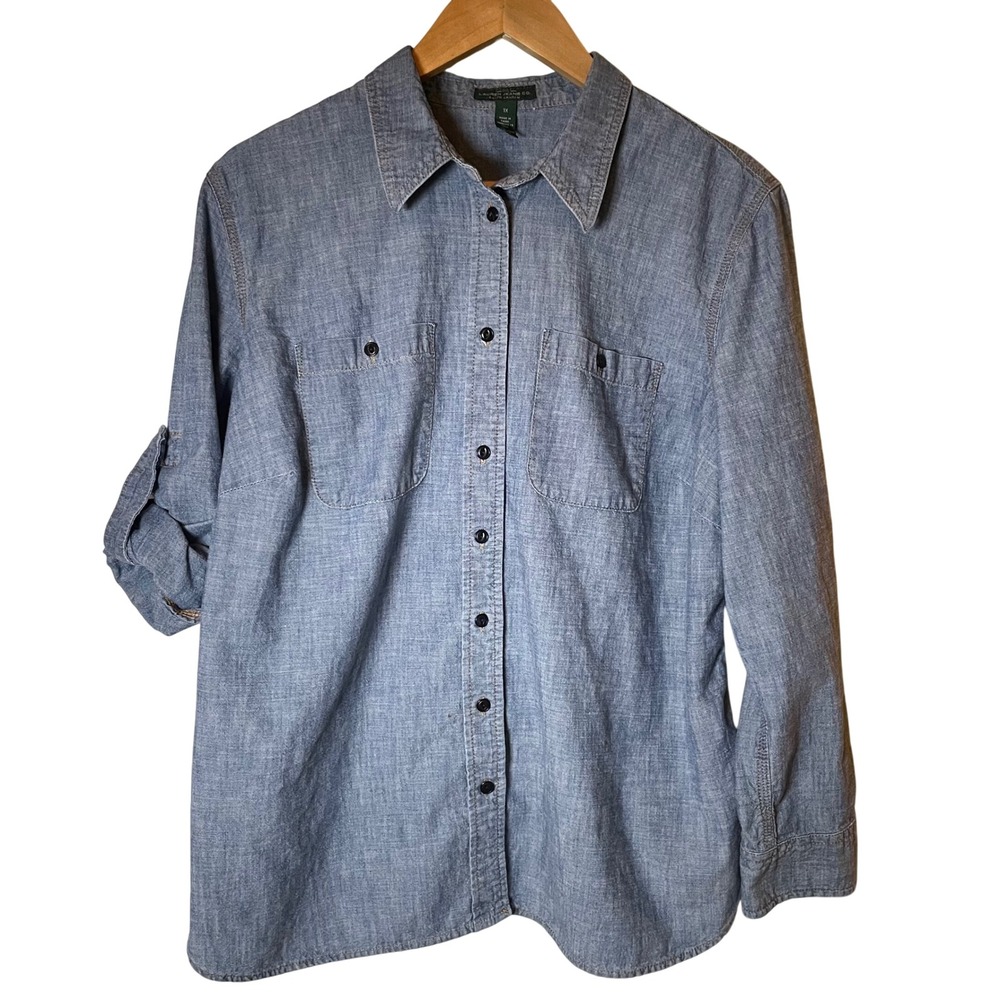 Lauren Ralph Lauren Blue Chambray Button Down Shirt 1X Cotton Roll Tab Sleeve